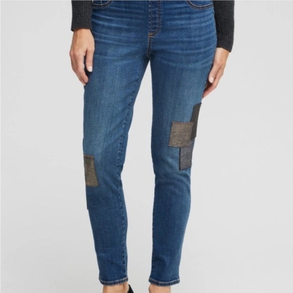 Chicos Metallic Patchwork Pull‎ On Denim Jegging Womens Size 8